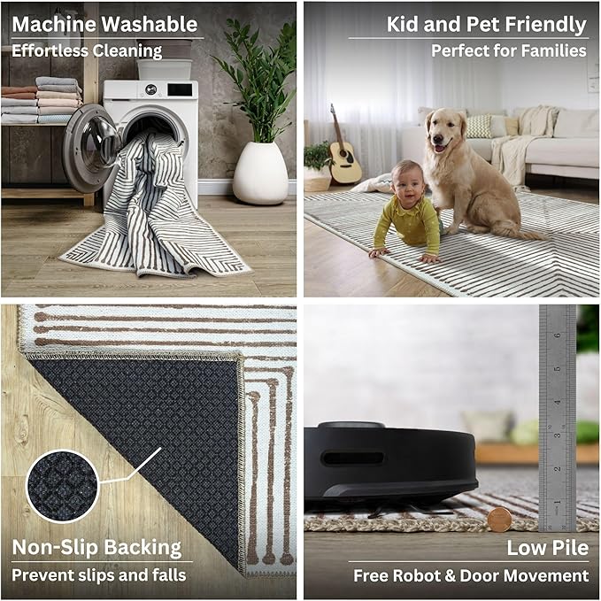 Bloom Rugs Washable Non-Slip 12 ft Runner - Brown Striped Runner for Entryway, Hallway, Bathroom, and Kitchen - Exact Size: 2.5' x 12'