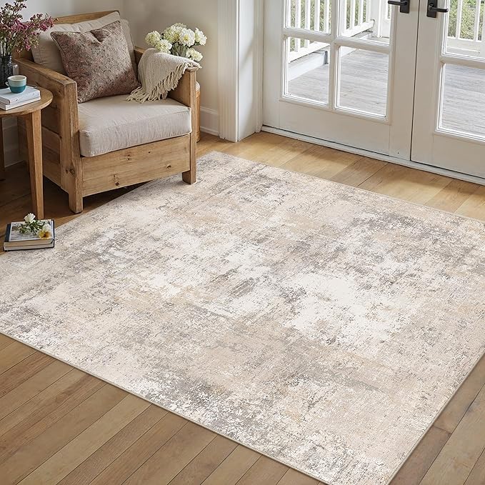 4x5 Washable Area Rug Beige Grey Abstract Entryway Office Throw Rug Neutral Modern Non Slip Soft Low Pile Indoor Carpet for Living Room Bedroom Kitchen Entrance