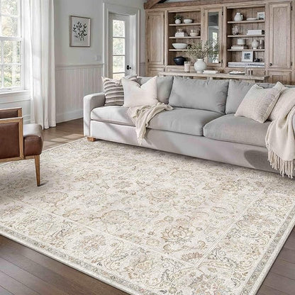 HUGEAR 5x7 Machine Washable Area Rugs Vintage Grey - Neutral Living Room Bedroom Rug Non Slip Stain Resistant Low Pile Aesthetic Throw Carpet Kids & Pet Friendly