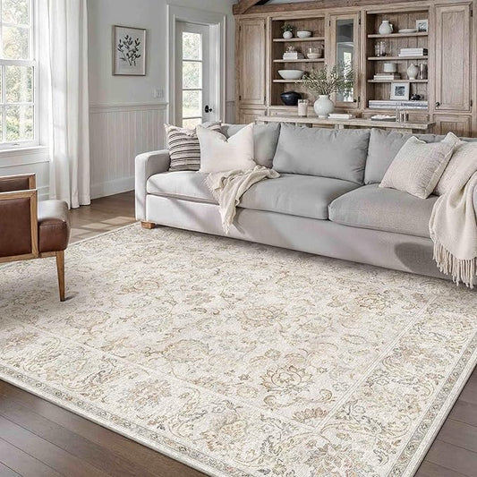 HUGEAR 5x7 Machine Washable Area Rugs Vintage Grey - Neutral Living Room Bedroom Rug Non Slip Stain Resistant Low Pile Aesthetic Throw Carpet Kids & Pet Friendly
