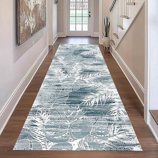 Blue White Tropical Runner Rug 4x10ft - Indoor Outdoor Non-Shedding Washable Carpet, Soft Durable Floor Mat for Patio, Hallway, Kitchen, Living Room