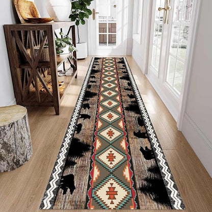 Southwestern Runner Rug, 2.6x10ft, Rustic Lodge Aztec Country Bear Decorative Runner Rug, Vintage Forest Birch Wild Animal Print Entrance Hallway Rug, Soft Non-Slip Carpet for Living Room Bedroom