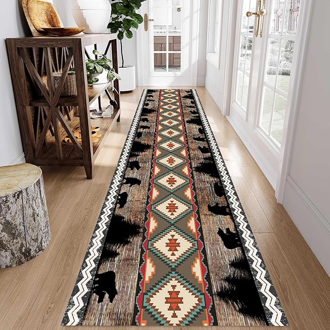 Southwestern Runner Rug, 2x8ft, Rustic Lodge Aztec Country Bear Decorative Runner Rug, Vintage Forest Birch Wild Animal Print Entrance Hallway Rug, Soft Non-Slip Carpet for Living Room Bedroom