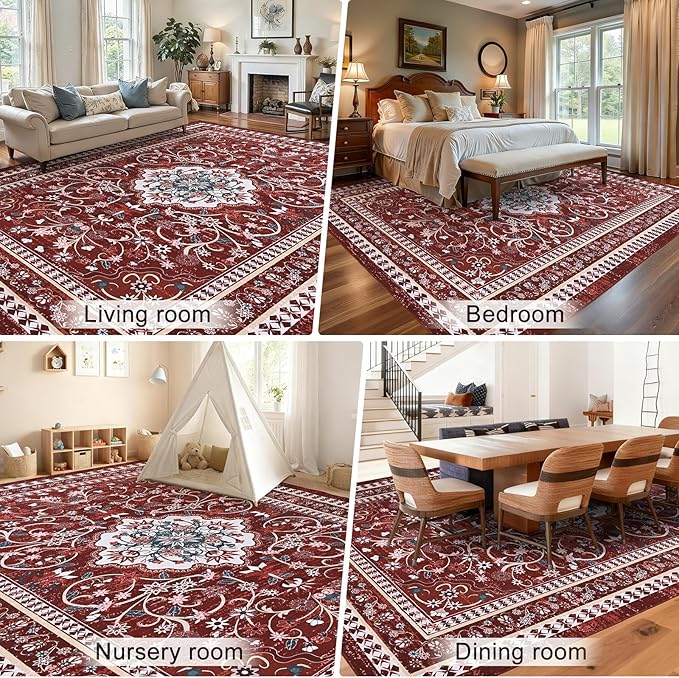 Luxury 8' x 10' Red Washable Area Rugs, Boho Low Pile Easy Clean Non-Slip Rug, Floral Medallion Pattern Vintage Rugs for Living Room, Dinning Room, Office, Bedroom, Bathroom, Laundry Room, Farmhouse