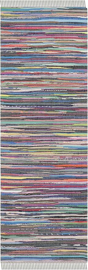 SAFAVIEH Rag Rug Collection Runner Rug - 2'3" x 7', Grey & Multi, Handmade Boho Stripe Cotton, Ideal for High Traffic Areas in Living Room, Bedroom (RAR121M)