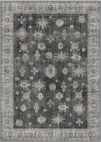 GENIMO 5x7 Area Rugs for Living Room, Machine Washable Non Slip Vintage Retro Rugs, Low Pile Lightweight Chenille Print Rug for Bedroom, Dining Room, Home Office, Charcoal
