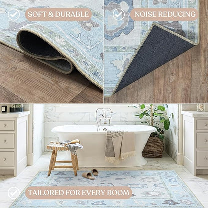 Fame Living Cream Blue Oushak Rug, Modern Rugs, Vintage, Turkish, Eclectic, Floral, Pastel, Washable, Small Throw, Accent Area Rug for Living Room, Bedroom, Kitchen, Bathroom, 2'5"x4'9"
