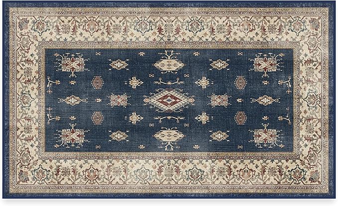 RUGGABLE Washable Vintage Area Rug – Verena Sapphire 3x5, Stain-Resistant, Non-Slip – Small Machine Washable Rugs for Living Room, Bedroom, Hallway, Entryway & Office–with Cushioned Pad