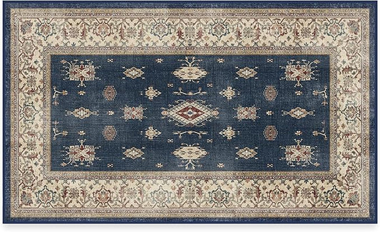 RUGGABLE Washable Vintage Area Rug – Verena Sapphire 3x5, Stain-Resistant, Non-Slip – Small Machine Washable Rugs for Living Room, Bedroom, Hallway, Entryway & Office–with Cushioned Pad