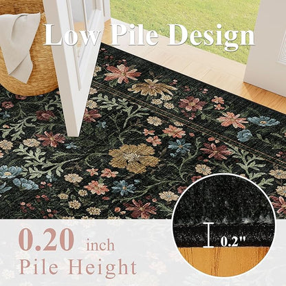 DOKINO 2x10 Runner Rug for Hallway, Vintage Washable Long Kitchen Rug with Low Pile Design, Floral Non Slip Soft Carpet Runner for Hallway, Kitchen, Bathroom, Bedroom, Black