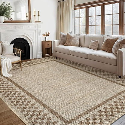 GarveeHome Modern Bordered 8x10 Area Rugs for Living Room Bedroom Soft Washable Large Bedroom Throw Carpet Non Slip Checkered Geometric Rugs for Dining Room Home Decor Office, Taupe