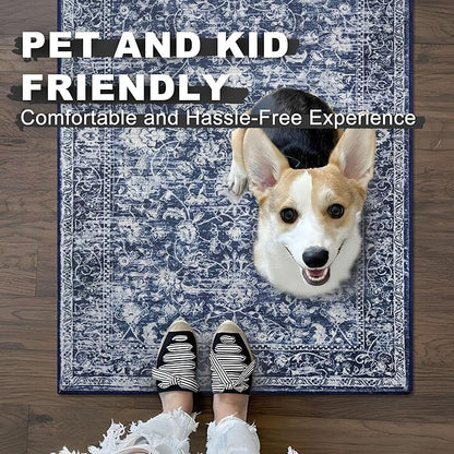 KILOCOCO Area Rug 9x12 Living Room Rug Washable Printed Vintage Floral Non Slip Soft Rubber Backed Indoor Bedroom Rugs for Laundry Room Kitchen Playroom Moroccan Area Rugs, Blue