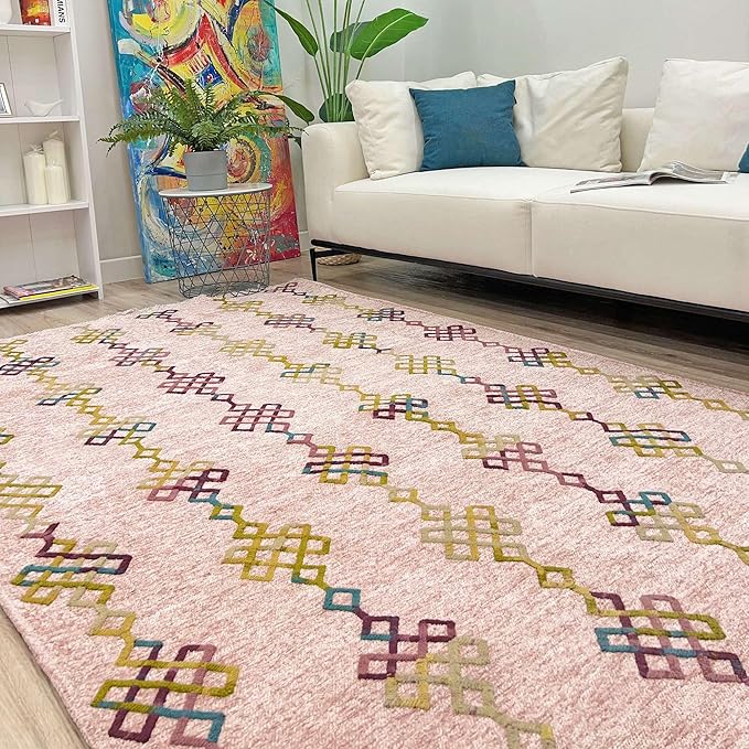 Alfa Rich 7x10 Light Pink Washable Area Rugs for Living Room Bedroom Kitchen Girls Decor Cotton Rug