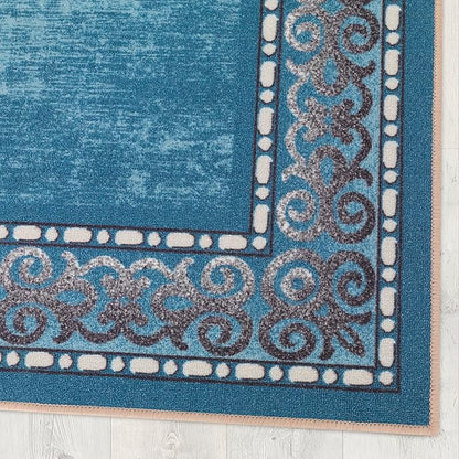 Antep Rugs Alfombras Bordered Modern 3x5 Non-Slip (Non-Skid) Low Pile Rubber Backing Indoor Area Rug (Turquoise Blue, 3' x 5')