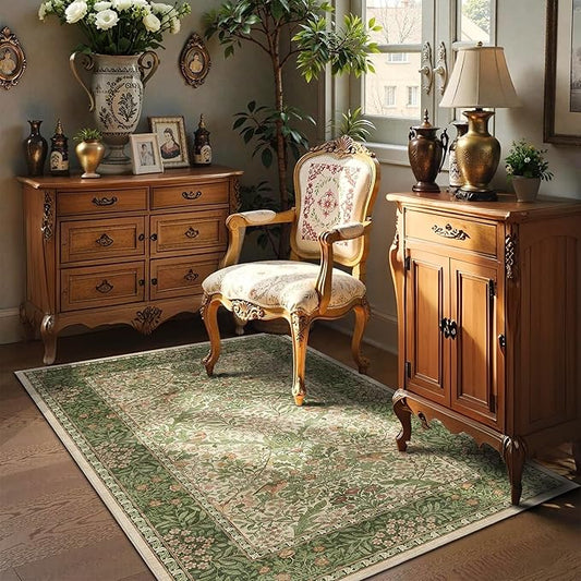 3x5 Floral Washable Area Rug for Living Room, Vintage Boho Rugs for Bedroom Dining Room, Botanical Birds Non Slip Low Pile Forest Throw Carpet for Farmhouse Office, Retro Pink/Green