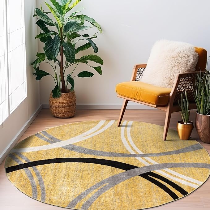 Rugshop Wavy Circles Design Round Rug, Fade-Resistant Carpet for Living Room, Dining Area, or Office, Yellow, 6'6" Round