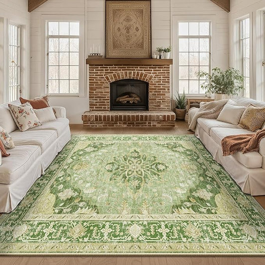 Area Rugs Square 8ft Washable Non-Slip, Floral Vintage Distress Print Pattern Medallion Carpet for Living Room Bedroom Dining Room, Sage Green Yellow
