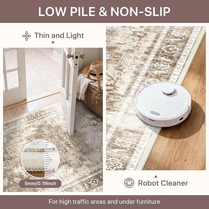 Area Rug 2x3 Doormat, Machine Washable Low Pile Vintage Rugs, Small Lightweight Rug Entryway Indoor Mat for Entrance, Hallway, Kitchen and Corridor, Latte Beige