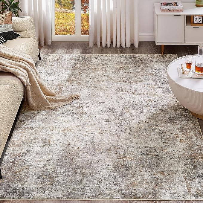 7x9 Area Rug Living Room Rugs - Washable Neutral Modern Abstract Soft Thin Large Rug Indoor Floor No Slip Rug Carpet for Bedroom Under Dining Table Home Office Decor - Brown Grey