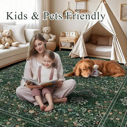 9x12 Floral Washable Area Rugs for Living Room, Vintage Boho Large Rug for Bedroom Dining Room， Distressed Botanical Birds Non Slip Low Pile Animal Throw Carpet for Farmhouse Office, Bright Green