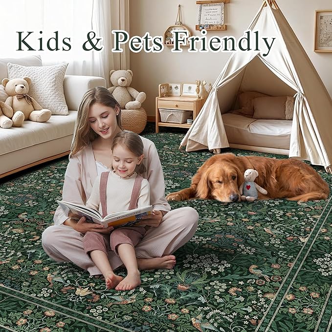 3x5 Floral Washable Area Rugs for Living Room, Vintage Boho Rug for Bedroom Dining Room， Distressed Botanical Birds Non Slip Low Pile Forest Animal Throw Carpet for Farmhouse Office, Bright Green