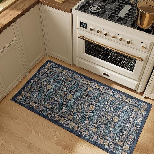 DUKINO 2x4 Rug for Entryway, Lightweight Washable Runner Rug with Non Slip Backing, Vintage Floral Low Pile Small Carpet Runner for Kitchen, Hallway, Entryway, Bathroom, Bedroom, Dark Blue