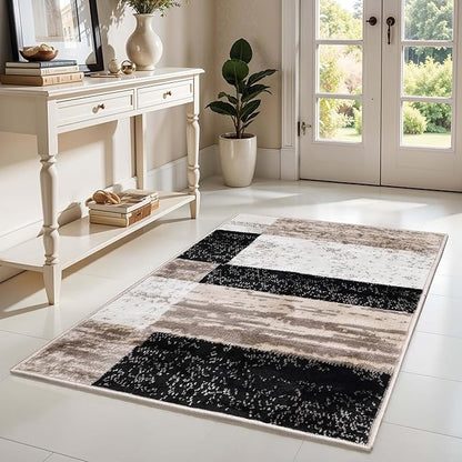 Superior Indoor Area Rug, Jute Backing, Plush Modern Rugs for Entryway, Kitchen Floors, Office Floor Cover, Color Block Rugs, Rockwood Collection, 3' x 5', Ivory/Beige