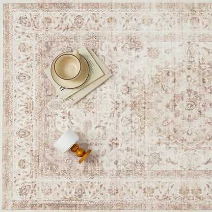 8x10 Beige Washable Vintage Area Rug for Living Room Bedroom Soft Tranditional Non Slip Large Throw Rug Lightweight Floral Low Pile Distressed Carpet Office Playroom Home Decor
