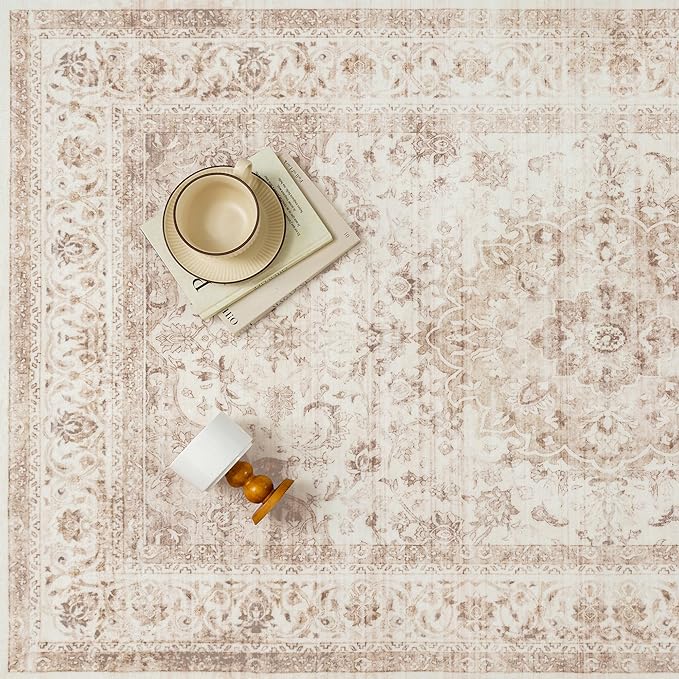 2x10 Beige Washable Vintage Area Rug for Living Room Bedroom Soft Tranditional Non Slip Runner Rug Lightweight Floral Low Pile Distressed Carpet Hallway Kitchen Bathroom Bedroom