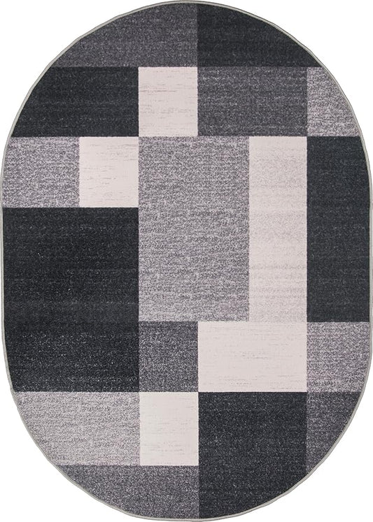 Rugshop Gray Modern Geometric Boxes Non-Slip Area Rug Non-Shedding for Dining Area, Bedroom and Living Room, 5' x 7' Oval