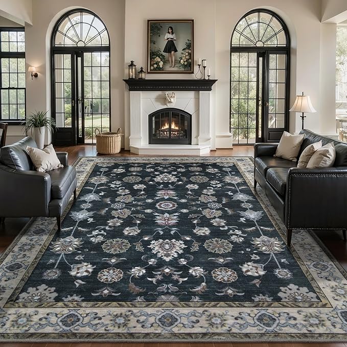 Tangsoo Black 6x9 Area Rug Washable Rugs for Living Room, Floral Vintage Indoor Non Slip Large Area Rug, Print Distressed Black Carpet, Soft Low Pile Foldable Floor Rugs for Bedroom Dining Room Dorm