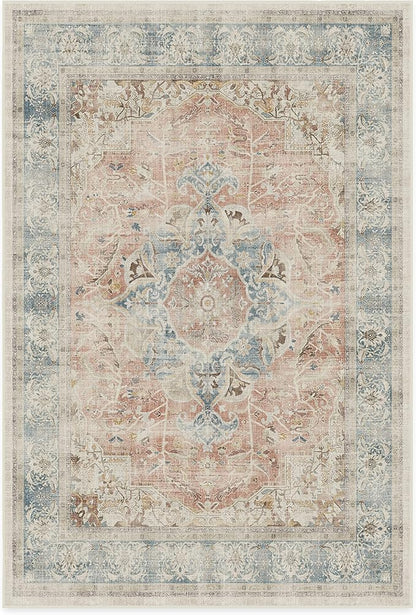 RUGGABLE Washable Vintage Area Rug – Sarrah Coral 6x9, Stain-Resistant, Non-Slip – Medium Machine Washable Rugs for Living Room, Bedroom, Hallway, Entryway & Office–with Standard Pad