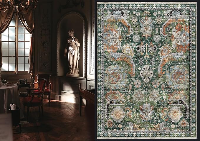 RUGSURE Washable Area Rugs - Perfect for Living Room, Bedroom, Kids Room, Nursery - Stain & Water Resistant Non-Slip, Pet & Child Friendly, Vintage Tribal Area Rugs (Green, 3' x 5 ')