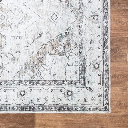 Bloom Rugs Washable Non-Slip 6' x 9' Rug - Brown/Beige/Charcoal Traditional Area Rug for Living Room, Bedroom, Dining Room, and Kitchen - Exact Size: 6' x 9'