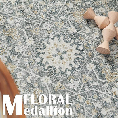 jinchan Area Rug 8x10 Washable Living Room Rug Vintage Distressed Gray Multi Floral Floor Cover Indoor Mat Retro Carpet Bedroom Kitchen Office Farmhouse Grey