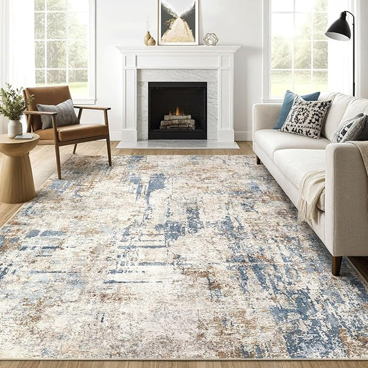 9x12 Area Rug Washable Rugs: Living Room Large Abstract Modern Soft Stain Resistant Indoor Floor Non Slip Accent Carpet for Bedroom Nursery Playroom Office Dining Room Dorm Home House- Tan
