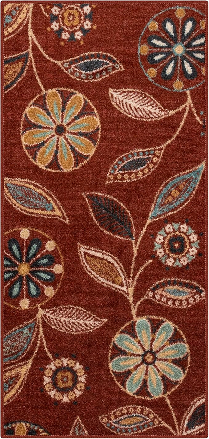 Maples Rugs Reggie Floral Runner Rug - Made in USA - Washable, Non Slip Indoor Carpet for Kitchen, Hallway, and Laundry Room, 2'6" x 5', Merlot