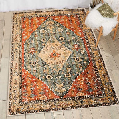 COMSLE Boho Area Rug, 3' x 5' Machine Washable Rugs for Entryway Faux Wool Large Rugs Distressed Throw Rug Non-Slip Floor Carpet for Indoor Bedroom Kitchen Living Room