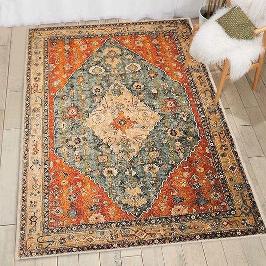 COMSLE Boho Area Rug, 3' x 5' Machine Washable Rugs for Entryway Faux Wool Large Rugs Distressed Throw Rug Non-Slip Floor Carpet for Indoor Bedroom Kitchen Living Room