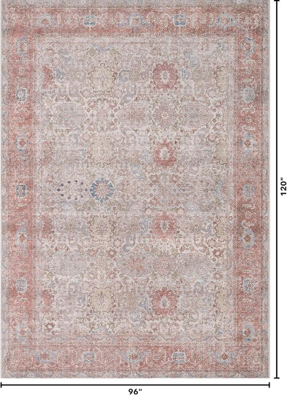 Kuden 8x10 Large Area Rug, Machine Washable Area Rug with Non-Slip Backing, Vintage Style, Soft, Easy Clean, Low Pile Rug for Living Room, Bedroom, Dining Room