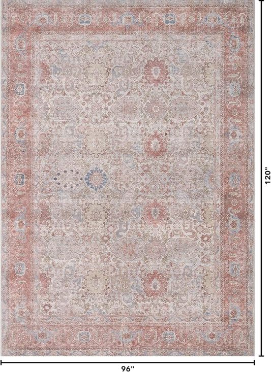 Kuden 8x10 Large Area Rug, Machine Washable Area Rug with Non-Slip Backing, Vintage Style, Soft, Easy Clean, Low Pile Rug for Living Room, Bedroom, Dining Room
