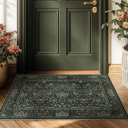 2x3 Floral Washable Area Rug for Living Room, Vintage Boho Rug for Bedroom Dining Room， Distressed Botanical Birds Non Slip Low Pile Forest Animal Throw Carpet for Farmhouse Office, Dark Green