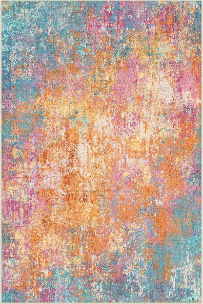 Washable Area Rugs 9'x12' Non-Slip Modern Abstract Soft for Living Room Entryway Bedroom Nursery, Print Pattern, Orange Blue Pink Yellow Colorful