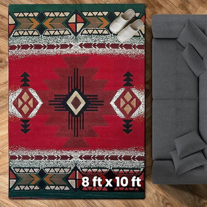 YHSF South West Native American Area Rug C318 - Easy Clean, Thick, Soft, Durable Native Tribal American Indian Inspired Rug for Bedroom/Living Room and More - Red, 8 Feet x 10 Feet