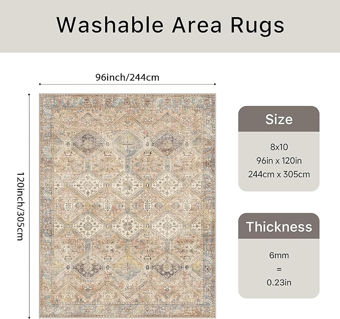 Bavni 8x10 Area Rugs for Living Room, Machine Washable Rug Non Slip, Vintage Chenille Distressed Print Carpet, Large Low Pile Ultra-Thin Lightweight Rugs for Bedroom, Dining Room, Office, Wood Brown