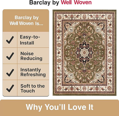 Well Woven Barclay Collection Medallion Kashan Green 2x7 Runner Rug - for Hallways, Kitchens, and Entryways