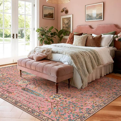 Kokia Boho Vintage Floral Area Rugs, Washable Oriental Botanical Rugs for Living Room, Bedroom, Dining Room, Office, Large Soft Indoor Area Rug, Rosette Pink，8x10