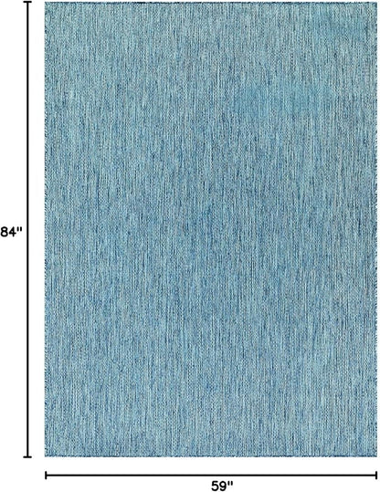 Beverly Rug Indoor Outdoor Rug 5x7, Washable Outside Carpet for Patio, Deck, Porch, Solid Modern Area Rug, Water Resistant, Aqua Blue