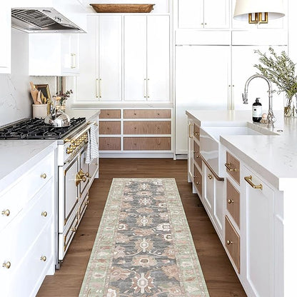 Fame Living Green Oushak Runner Rug, Modern Runners, Vintage, Turkish, Eclectic, Floral, Pastel, Washable, Runner for Hallway, Kitchen, Bedroom, Bathroom, 2'5"x9'8"