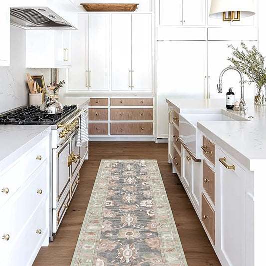 Fame Living Green Oushak Runner Rug, Modern Runners, Vintage, Turkish, Eclectic, Floral, Pastel, Washable, Runner for Hallway, Kitchen, Bedroom, Bathroom, 2'5"x9'8"
